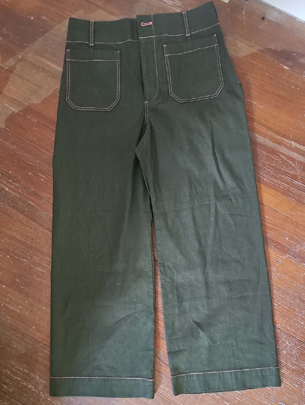 Maeve Olive Green Pants with Coral Stitching